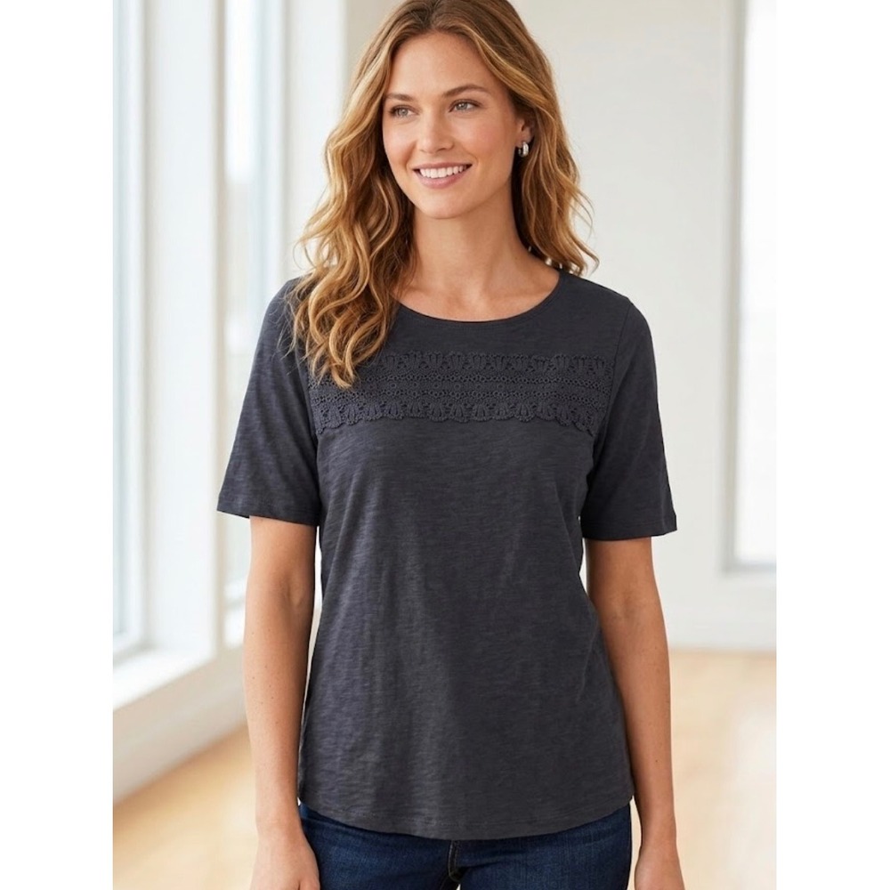 Talbots Womens XL Navy Blue Crochet Lace Yoke Slub Knit Short Sleeve T-Shirt Top